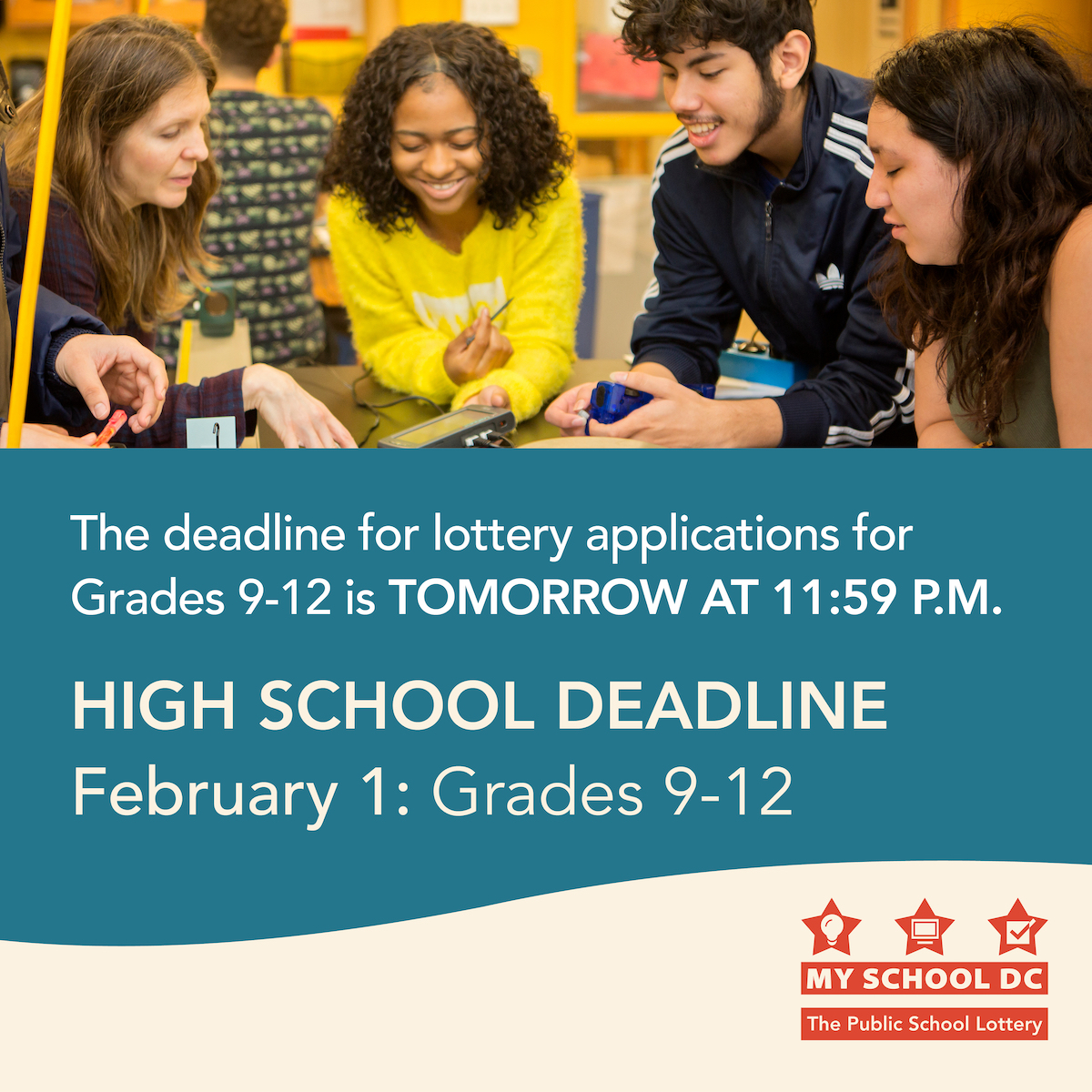 The deadline for SY2023-24 High School applications is TOMORROW! You have until 11:59 p.m. on February 1 to submit your application at: apply.myschooldc.dc.gov/login.aspx