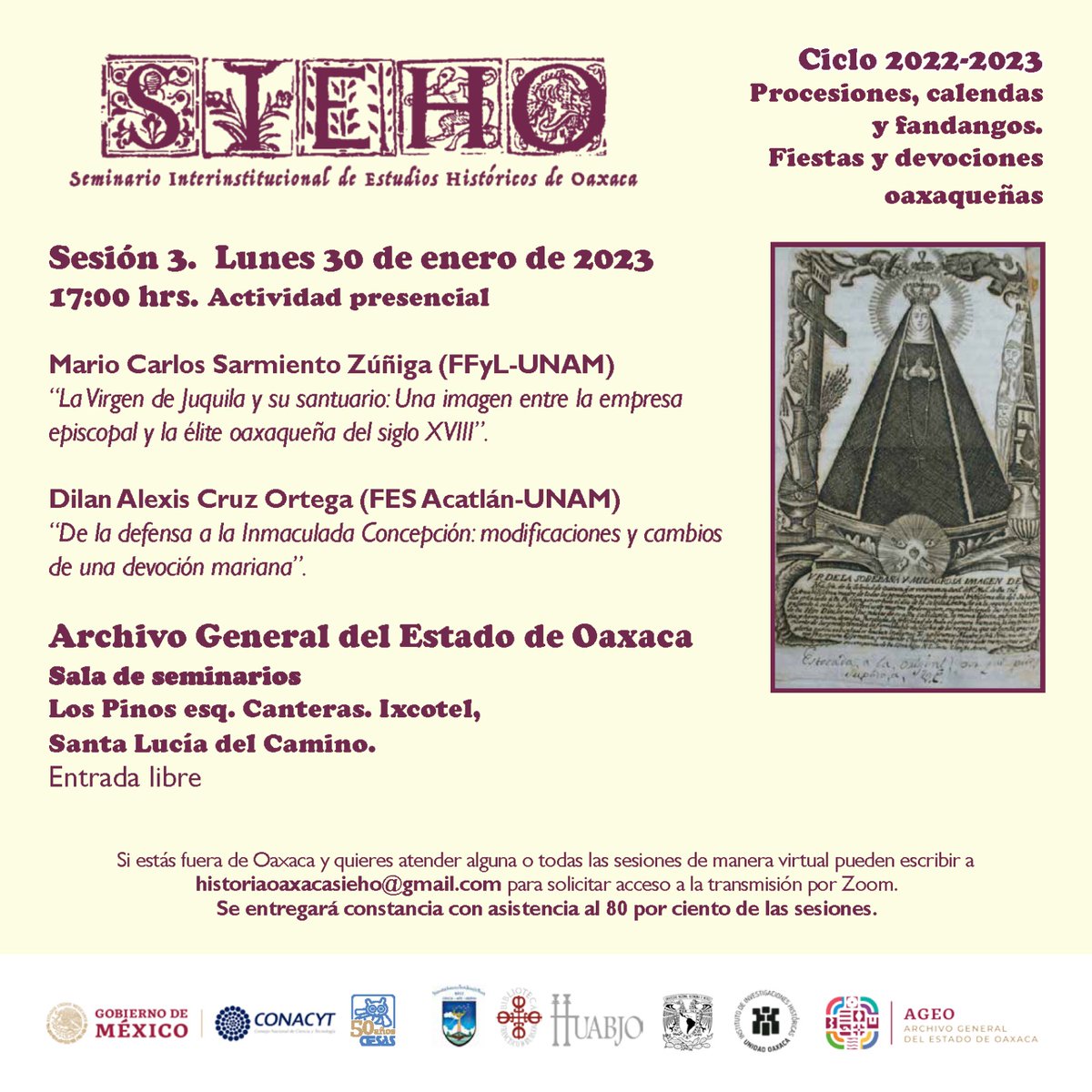 AGEO_GobOax's tweet photo. ¡Es hoy! Hoy 30 de enero en punto de las 17:00 hrs. el #SIEHO, retoma sus actividades 🤓.
La cita es en el Aula de Seminarios del #AGEO , o si deseas participar vía zoom puedes enviar un correo a: historiaoaxacasieho@gmail.com
¡Entrada libre!
No olvides portar tu cubrebocas. https://t.co/9fK1LfCvM0