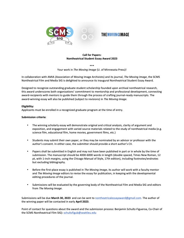 Are you a grad student working with archival materials related to nontheatrical media (science film, educational film, home movies, etc)? If so, SUBMIT your writing for the inaugural Nontheatrical Student Essay Award!

Details below! Share widely!