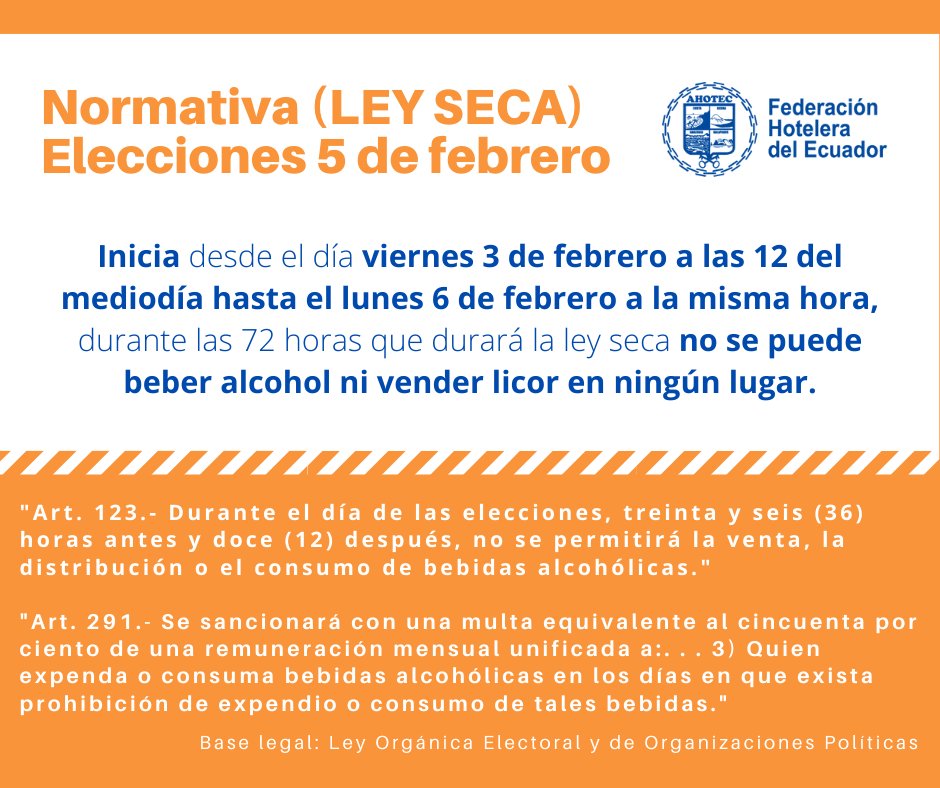 Normativa (LEY SECA) por las Elecciones del día 5 de febrero 👉 Inicia desde el viernes 3 de febrero a las 12 del mediodía hasta el lunes 6 de febrero a la misma hora, durante las 72 horas que durará la ley seca no se puede beber alcohol ni vender licor en ningún lugar.