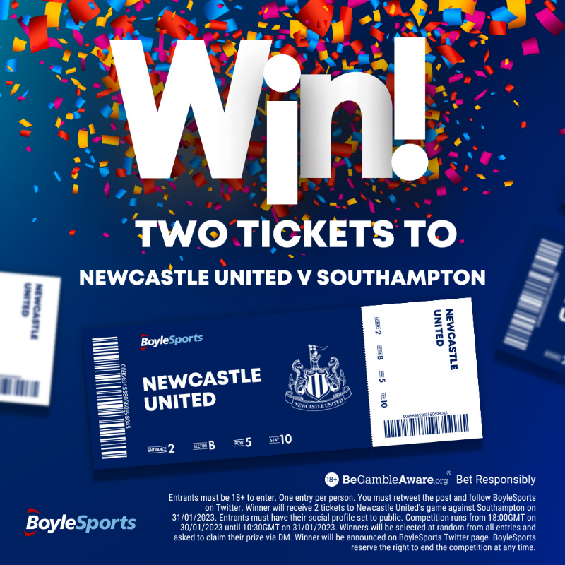 BoyleSports's tweet photo. ⚫⚪ 90 minutes separates Newcastle United and a trip to Wembley!

🎟 Win a pair of tickets to the EFL Cup semi-final second leg against Southampton at St. James' Park. 

To enter:
✅ Follow @BoyleSports
🔁RT this post

18+. T&amp;Cs apply