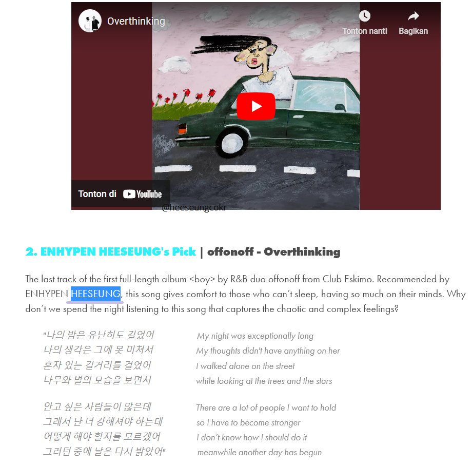 heeseungcokr's tweet photo. SBS KPOP MAGAZINE “K-INDIE PLAYLIST” 

ENHYPEN HEESEUNG's Pick | offonoff - Overthinking 
🔗https://t.co/IE6ZcSG3Fa https://t.co/UiZnnUgvMv