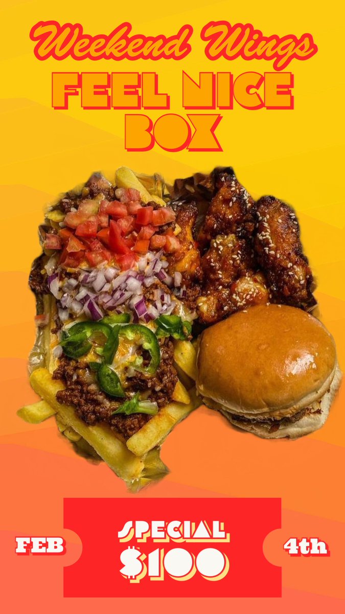 Feel Nice Box come back again!!! Sloppy Mexican Fries (beef or chicken) Sticky Wings Cheese Burger (beef or chicken) 📌 $100.00 (this Saturday ONLY) WhatsApp 272-9501 or DM to Order