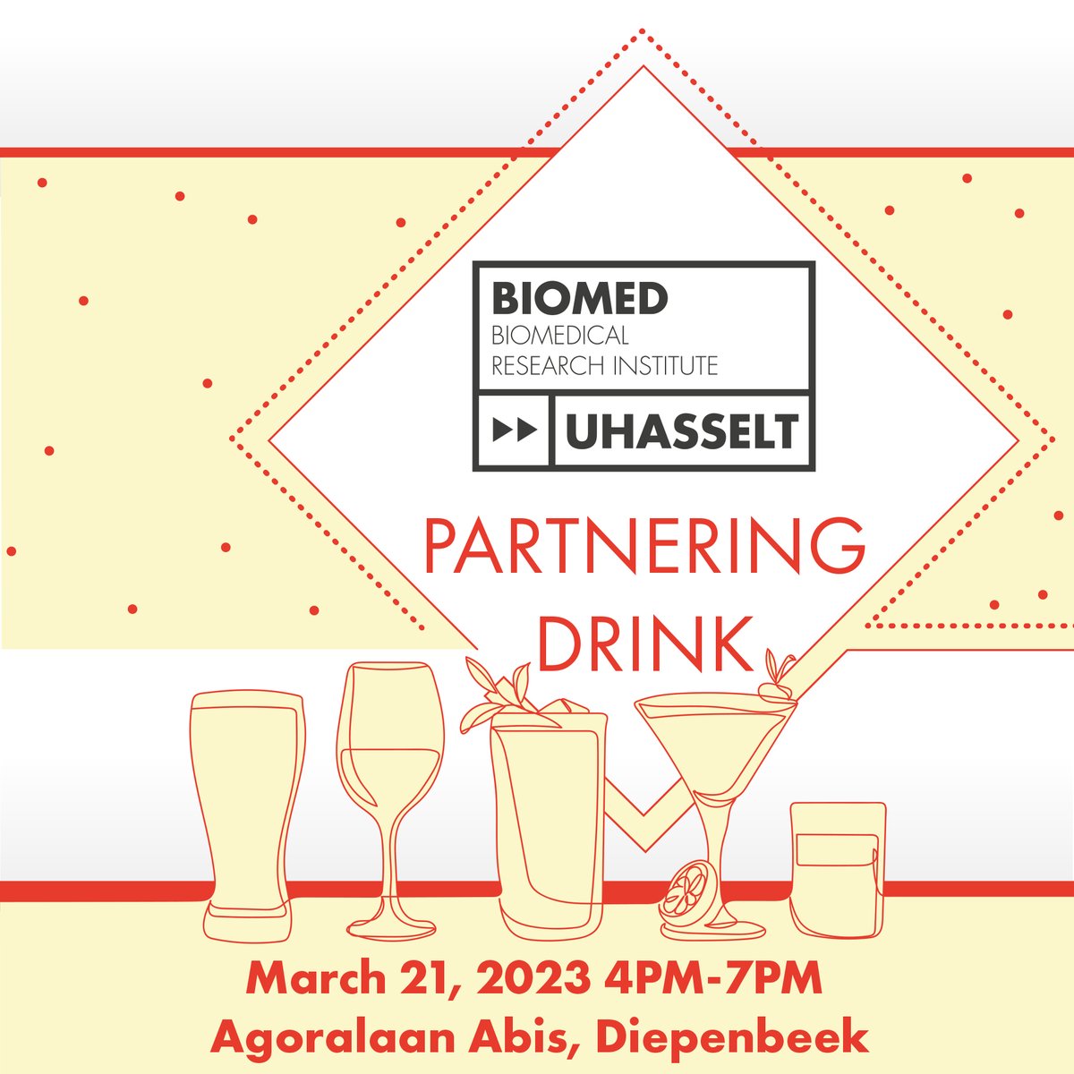BIOMED_UHasselt's tweet photo. Don't miss out on our next partnering drink on March 21, with our researchers presenting their recent highlights and new initiatives. Drinks and networking opportunity included 👌 
Registration (free but before March 6) and full program via https://t.co/rgPPp1WhvD https://t.co/3tHlfkcmcc
