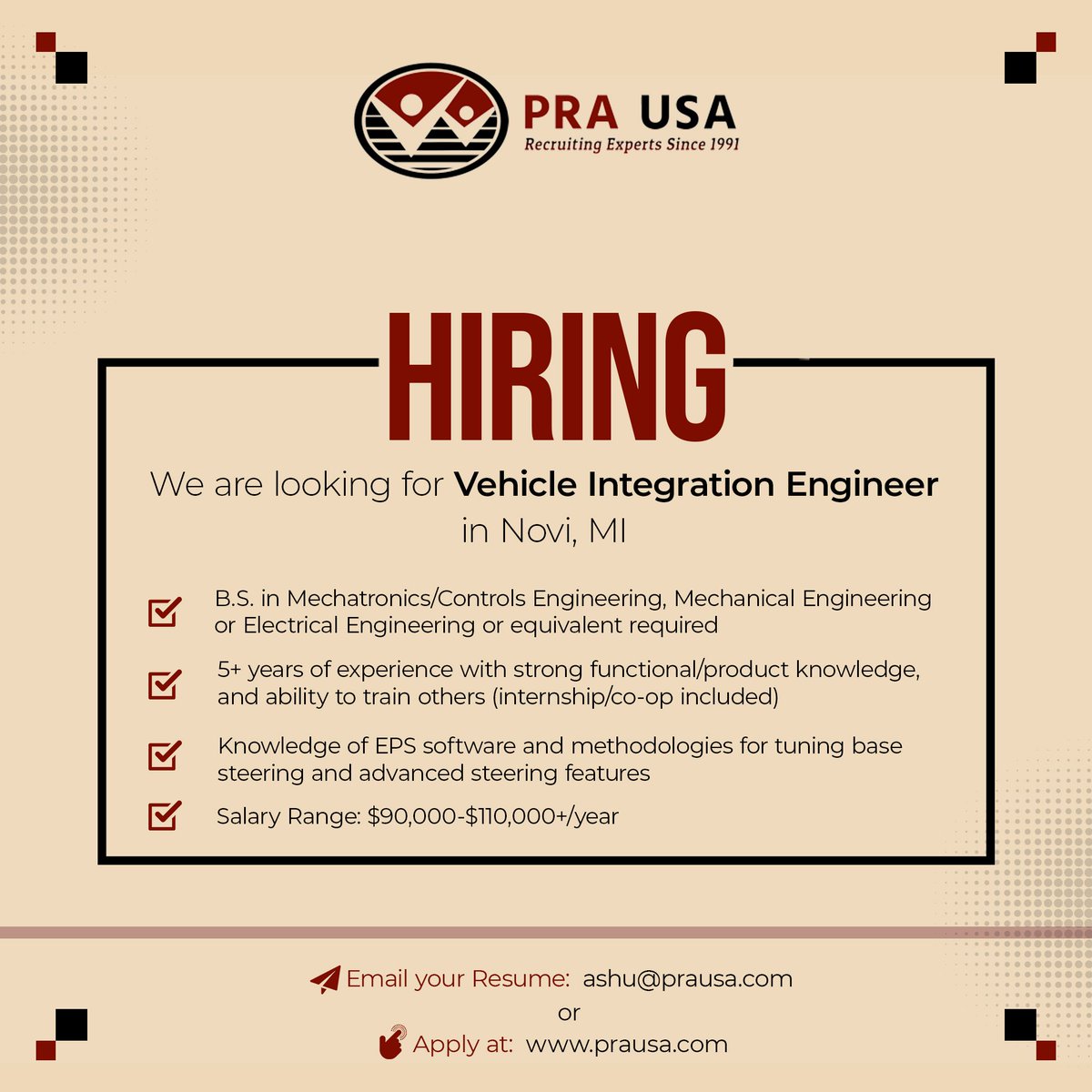 THEPRAGROUP's tweet image. We are #hiring for 𝗩𝗲𝗵𝗶𝗰𝗹𝗲 𝗜𝗻𝘁𝗲𝗴𝗿𝗮𝘁𝗶𝗼𝗻 𝗘𝗻𝗴𝗶𝗻𝗲𝗲𝗿 in Novi, MI. Apply here: bit.ly/3XPjklm

#integrationengineer
#integrationjobs
#engineeringjobs
#engineeringcareers
#activelylooking
#michiganjobs
#prausa