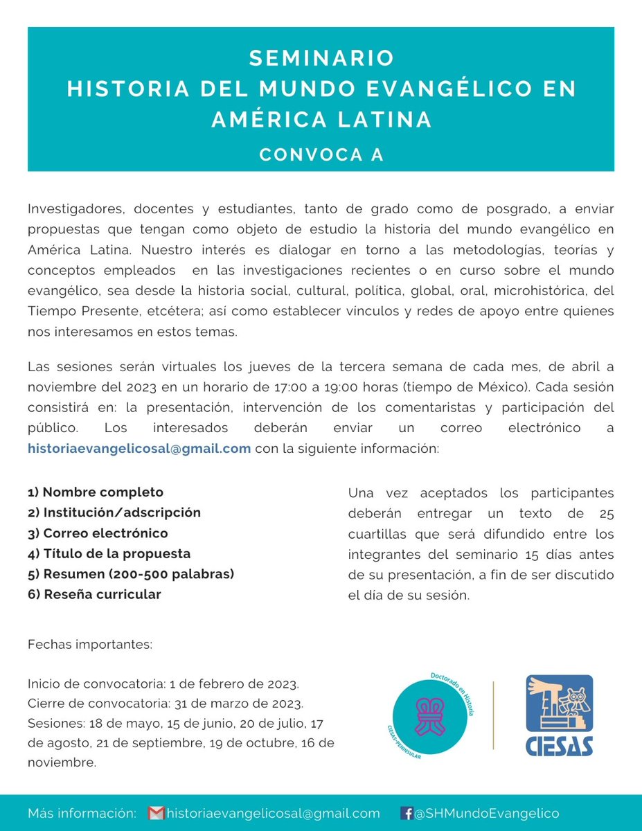 Aquí les comparto esta convocatoria... por si conocen a alguien que ande investigando sobre algún fenómeno histórico del mundo evangélico en América Latina 👇🏾 👇🏾