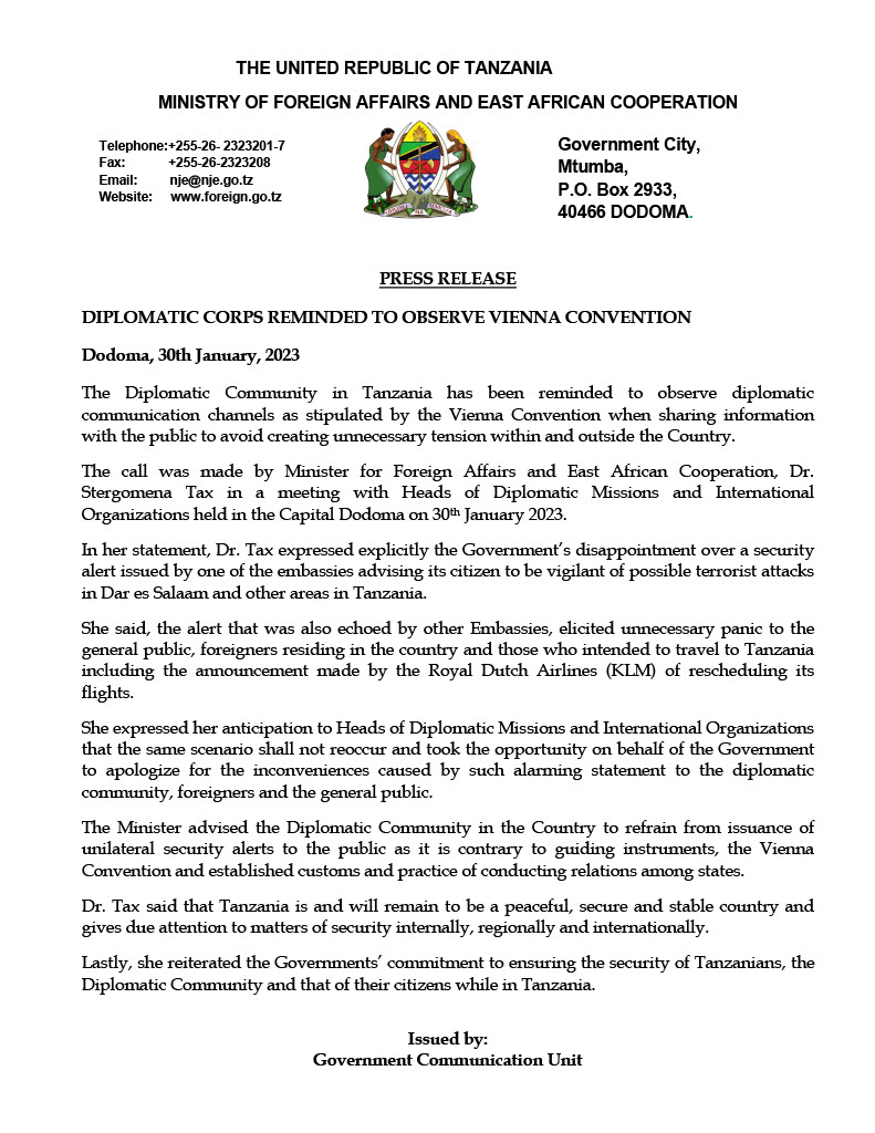 mfa_tanzania's tweet photo. DIPLOMATIC CORPS REMINDED TO OBSERVE VIENNA CONVENTION https://t.co/2GlKAsQD8t