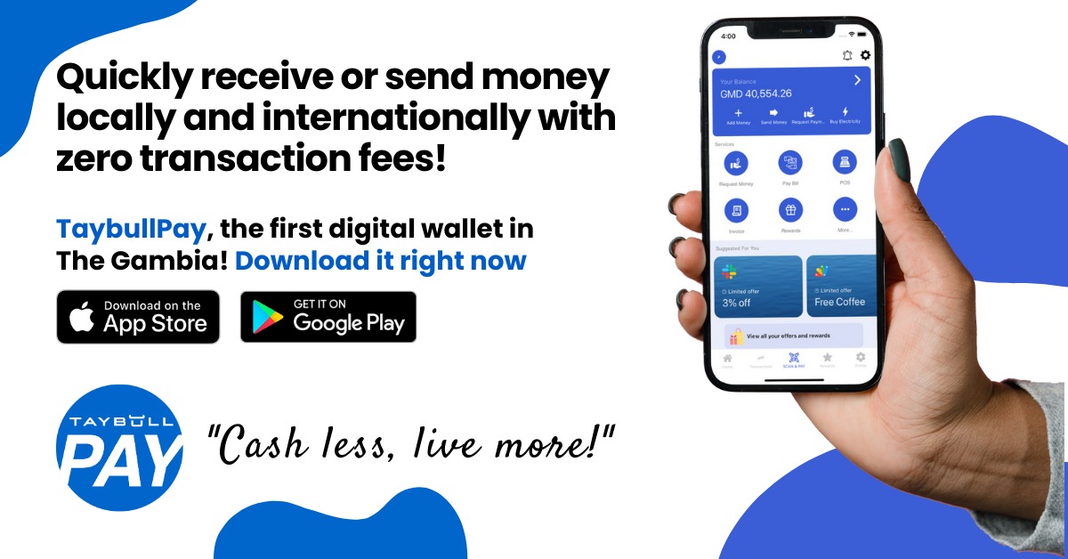 Fast Transfers, Zero Fees.

TaybullPay! The first digital wallet in the Gambia. Download now and enjoy the convenience of fast and easy transfers with absolutely zero fees for international money transfers.

#taybullpay #Gambia #fintech #moneytransfers #DigitalWallet #startup #GM