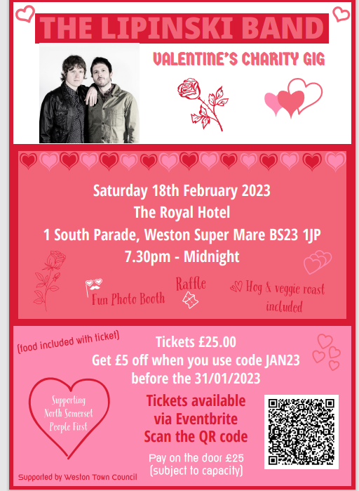 NSPeopleFirst's tweet photo. 📣£5 off each ticket when you use code JAN23 before the end of tomorrow (Tues 31st Jan)
It's going to be a great night - live music from #Westonsupermare's The Lipinski Band, hog/veggie roast, photobooth &amp; raffle, all to support a great cause 😀 https://t.co/BMP950yGHI