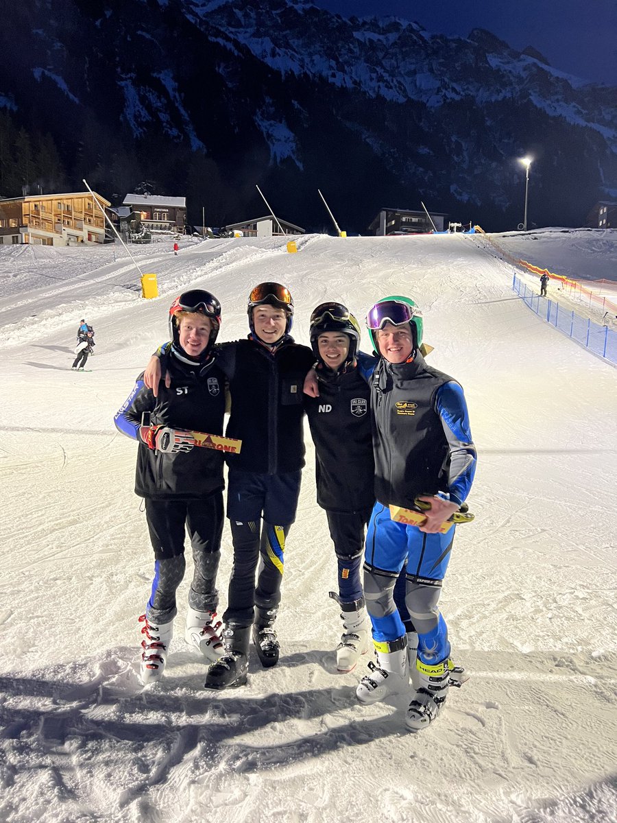 welly_ski's tweet photo. DUAL SLALOM VICTORS. What a performance from Seb T (Bn), Alex V-P  (M), Nick D (T) and Oscar O’C (Bd) on beating out tough competition to bring home the bacon. Ready for the GS tomorrow! https://t.co/J5esnZVq2K
