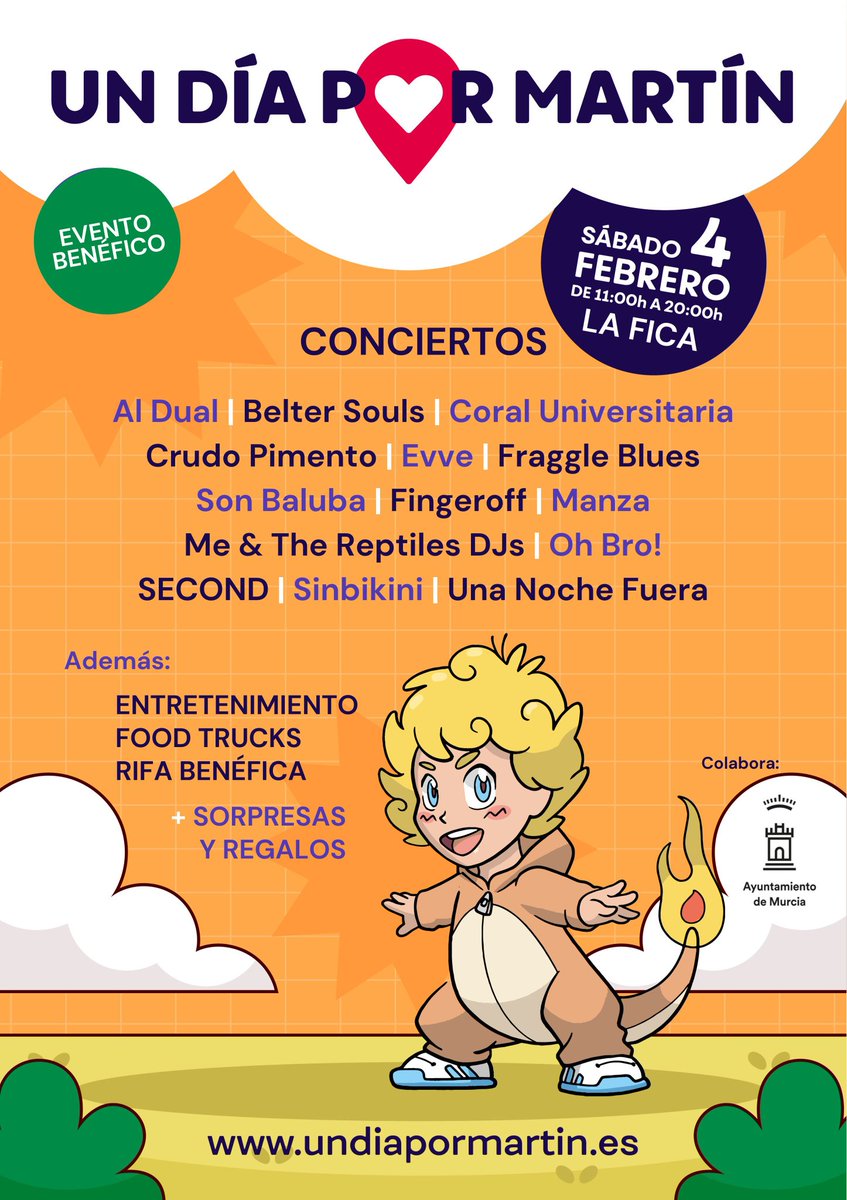 Este sábado día 4 tendrá lugar en Murcia (La Fica) el evento benéfico "Un día por Martín", un niño de 8 años que padece un cáncer agresivo e incurable. Contará con conciertos de, entre otros, <a href="/secondmusic/">Second</a>, <a href="/CrudoPimento/">Crudo Pimento</a>, <a href="/Al_Dual/">Al Dual</a> o <a href="/BelterSouls/">Belter Souls</a>.
Entradas: undiapormartin.es