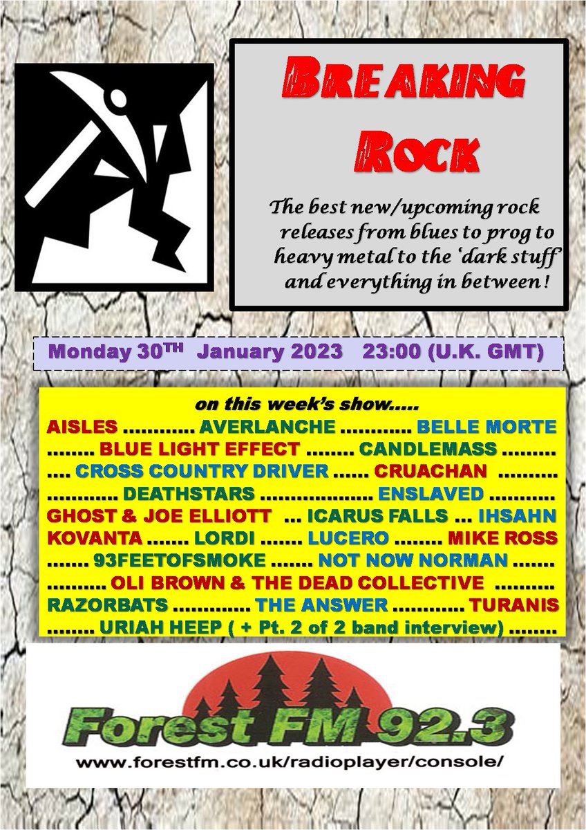 pjbreakingrock's tweet photo. Just announced! @pjbreakingrock #radioshow @ForestFM today 23:00 (UK) on https://t.co/sjudUu08yu + @candlemass @CruachanClan @deathstars @thebandGHOST @LORDIOFFICIAL @TuranisOfficial @RazorbatsOslo #IcarusFalls #BlueLightEffect #CrossCountryDriver #JoeElliott #93feetofsmoke +more https://t.co/21tbcyxA5T