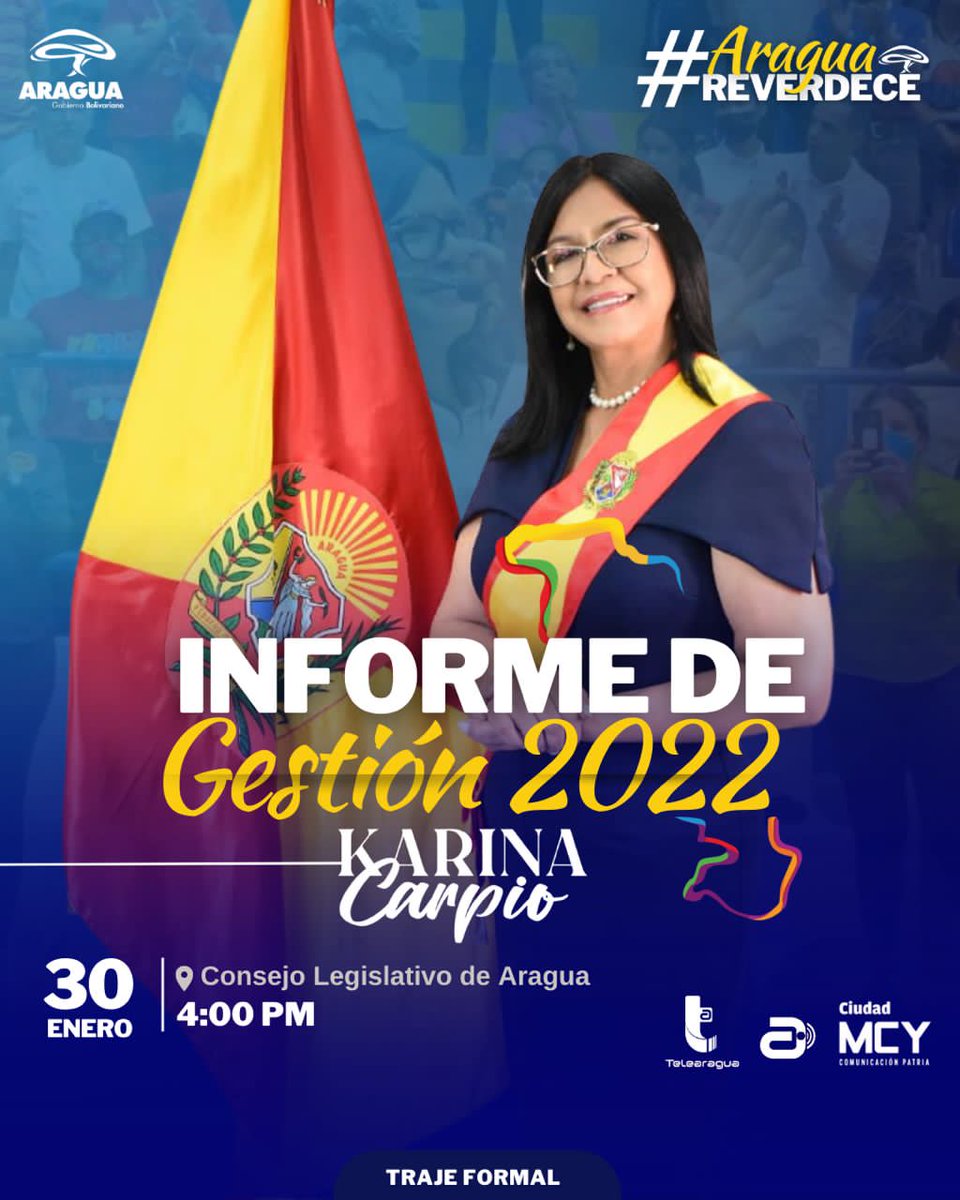 leoalvacabrera's tweet photo. Este lunes #30Enero vamos a acompañar a nuestra Gobernadora @Soykarinacarpio a la entrega del #InformeDeGestión2022 en el @AraguaCleba 
#AraguaReverdece 
@dcabellor @PartidoPSUV @PsuvAragua_ofic @GobiernoAragua_ @Telearagua @CMcy2020 https://t.co/ldzrM8mZb3