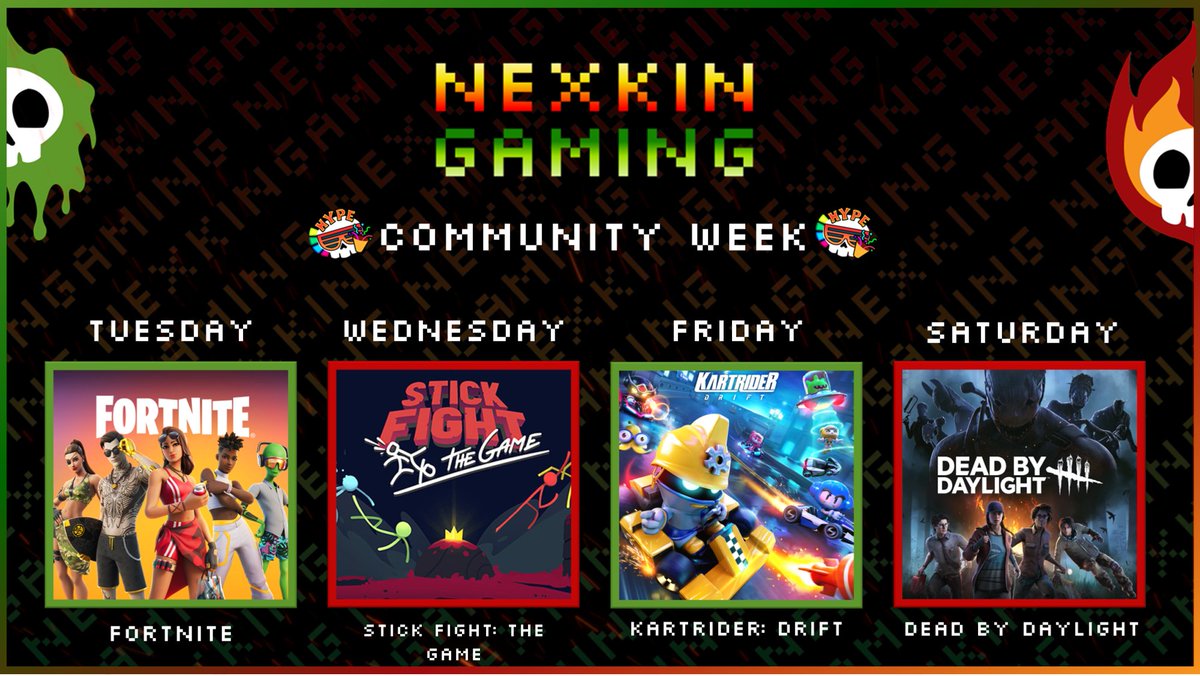 2GraveMistakes's tweet image. IT'S THAT TIME AGAIN, BABY! 
🎊🥳✨ Community Week #9! ✨🥳🎊

Our Discord Community has voted and we'll be going forward this week with Fortnite, Stickfight: The Game, Kartrider: Drift, &amp;amp; Dead by Daylight.

Join us this week as we #playwithviewers!
#CMWeek #NXKGCMWeek #Twitch