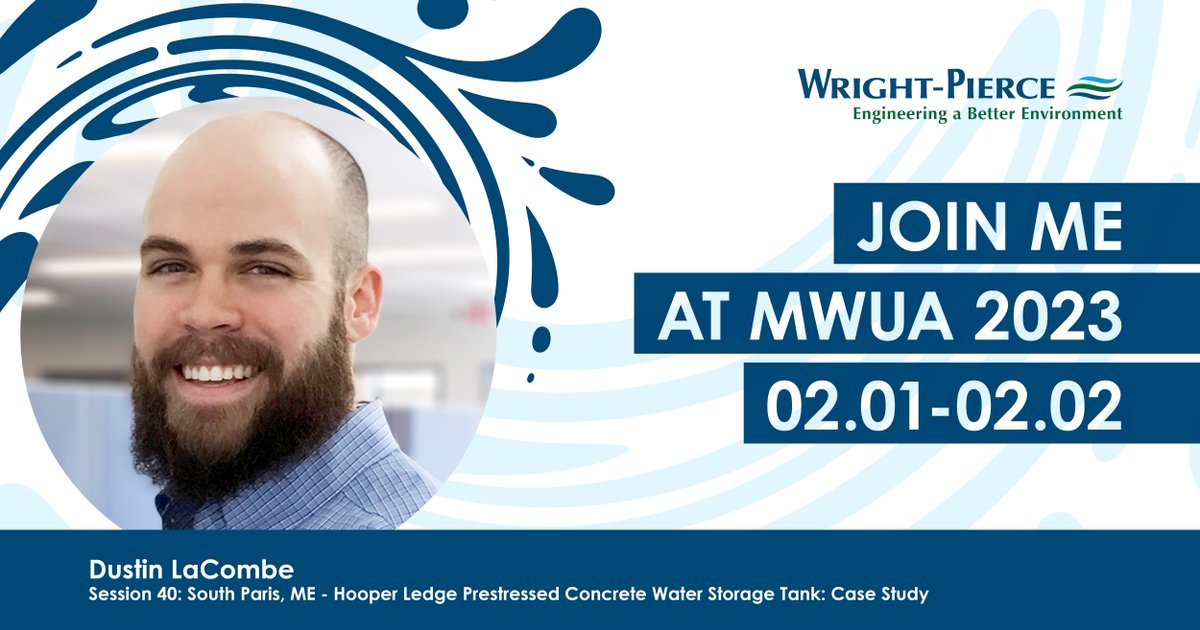 Wright_Pierce's tweet image. The Maine Water Utilities Association (MWUA) is holding its 97th Annual Tradeshow &amp;amp; Conference. If you’re attending, consider dropping by WP’s conference booth &amp;amp; attending one of the technical presentations hosted by our team members.
We look forward to seeing you there! #MWUA
