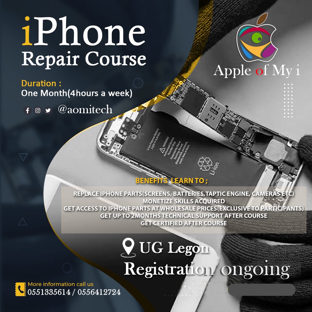 LDabone's tweet image. Registration ongoing!!!

Don’t wait any longer. You are assured of being fully equipped after one-month, with the necessary skills that is needed to fix a faulty iPhone. 

Registration deadline for the 2nd Cohort is *Wednesday, 8th February*.