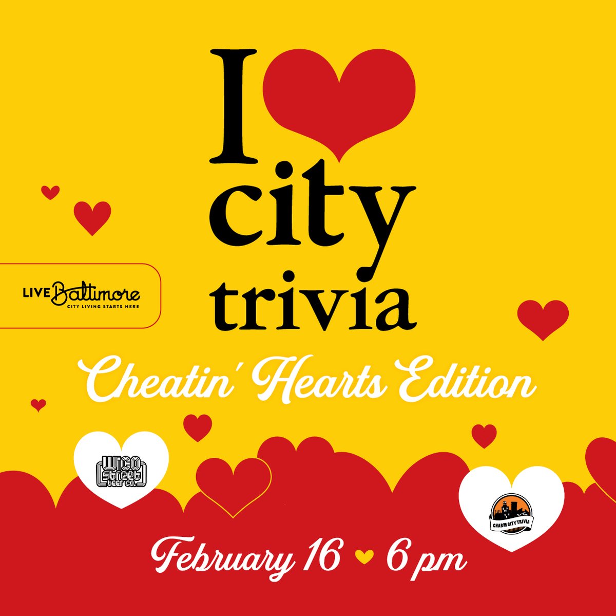 LiveBaltimore's tweet photo. Support your favorite nonprofit and its mission to promote city life and love at I ❤️ City Trivia, a Baltimore-themed competition that gives you a hall pass to cheat!

📍Wico Street Beer Co.
📅Thurs, Feb. 16, 6 pm
🗣️Host: @CharmCityTrivia 

Get tickets ➡️ https://t.co/jhxHwywKmk https://t.co/dc5mH99nCR