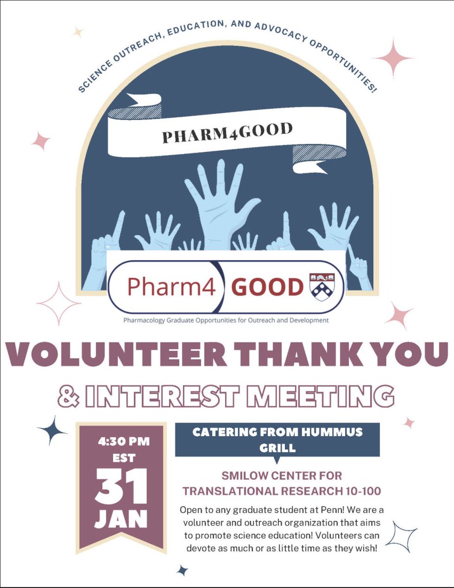 It’s time to kick off Pharm4GOOD in 2023! 🎉
Please join us tomorrow at 4:30 pm EST to thank last year’s volunteers and learn about all we have planned for this year.

FYI, Pharm4GOOD is open to all #Penn #GraduateStudents!

Please reach out with any questions. See you tomorrow!