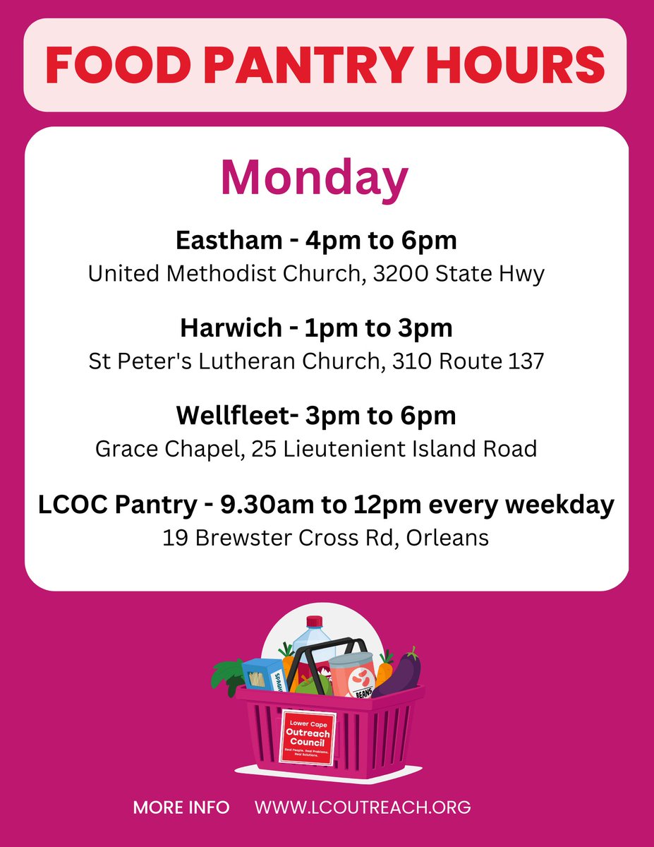 Did you know LCOC runs 9 food pantries throughout the Lower and Outer Cape? Partnering with the <a href="/Gr8BosFoodBank/">The Greater Boston Food Bank</a>  is one way we can ensure that our community receives nourishing food.

Our Monday hours are listed below.