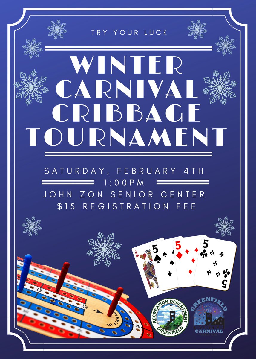Give it a go at the Cribbage Tournament Saturday, Feb 4th at the John Zon Senior Center! Is it in the cards that you will end up a peg ahead or will you be skunked? Fun for all ages! $15 Registration. Boards and cards provided. ❄🃏
#greenfieldwintercarnival #cribbagetournament