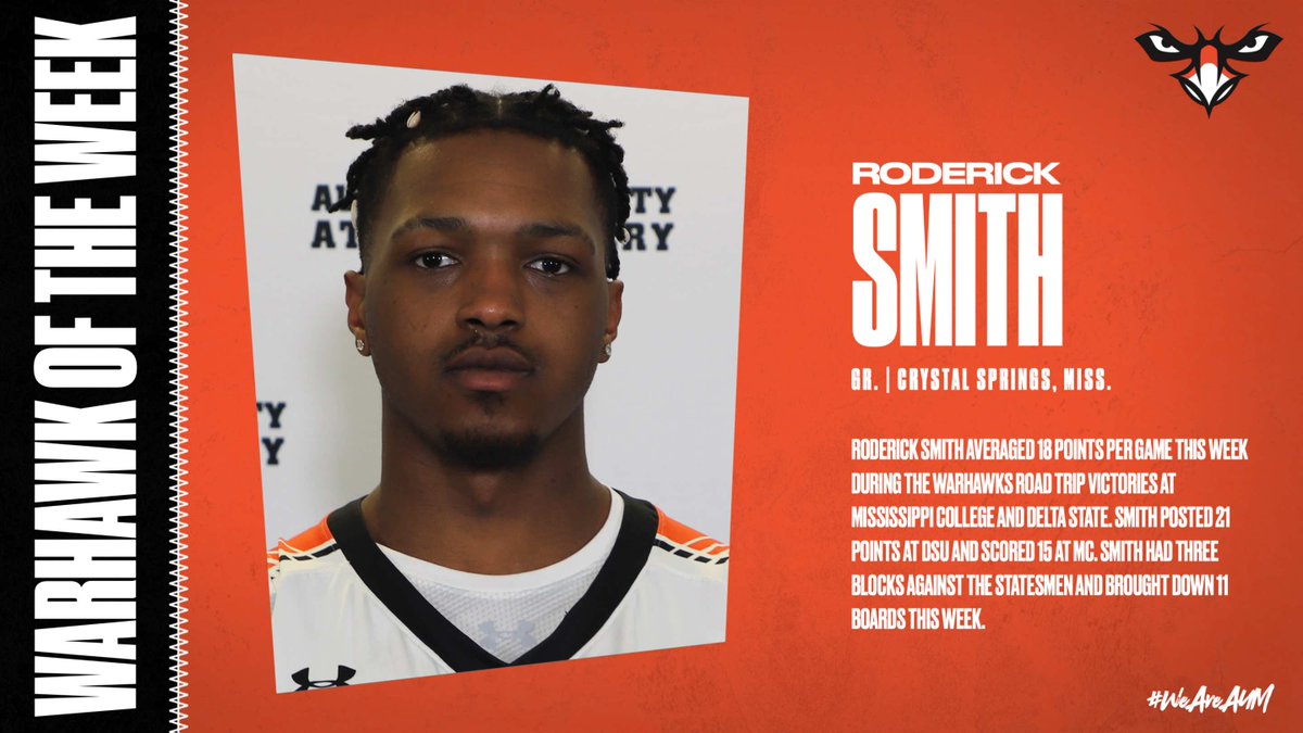 Retweet to congratulate <a href="/AUMWarhawksMBB/">🏀AUM Men’s Basketball</a>'s Roderick Smith on being named Warhawk of the Week!🦅

📰: bit.ly/3wZKcn3

#WeAreAUM