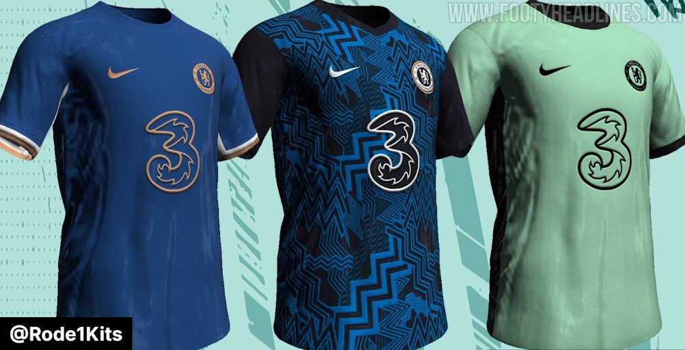 AbsoluteChelsea's tweet photo. Leaked: The 2023/24 #Chelsea Home, Away and Third Kits - high accuracy. 

[via @Footy_Headlines / @Rode1Kits] https://t.co/l94iE8mnzV