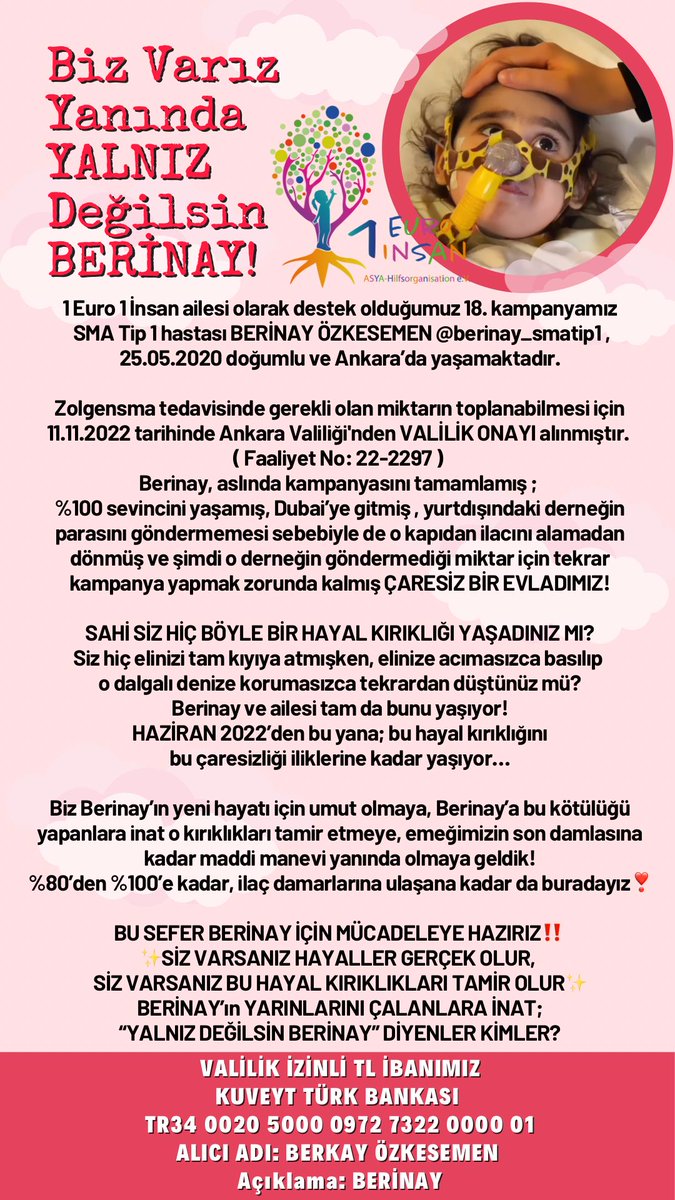 BİZ VARIZ YANINDA YALNIZ DEĞİLSİN❣️ Berinay;kampanyasını bitirmiş, Dubai’ye gitmiş , ama o kapıdan ilacını alamadan dönmüş bir evladımız… 🇹🇷VALILIK IZINLI TL IBAN🇹🇷 Banka: Kuveyt Türk ‌‌ALICI: BERKAY ÖZKESEMEN ‌IBAN: TR34 0020 5000 0972 7322 0000 01 #ahgaz #sedatpolat #Ömer