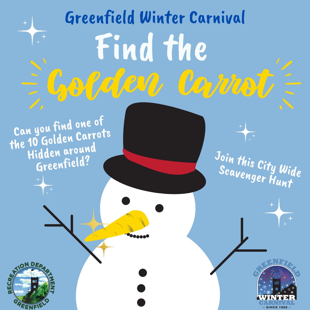Our  snowman has lost his nose again! Help him restore his sense of smell by sniffing out one the 10 Golden Carrots hidden around the City during Winter Carnival Weekend! ❄☃️🥕🔎
#GreenfieldWinterCarnival #goldencarrots