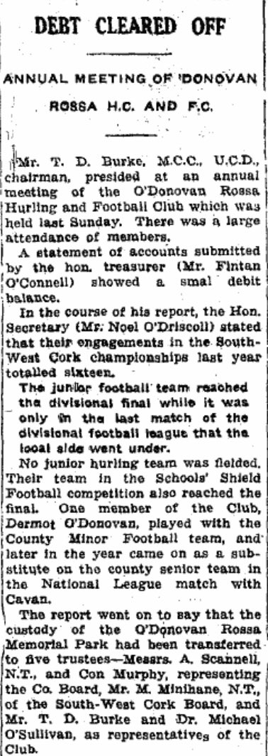 HurlingHistory's tweet photo. On this day in 1955 the Annual General Meeting of the @RossaGAA took place with the Chairman Mr. T. D. Burke presiding. Please see the below report on the proceedings of this meeting #corkhurlinghistory https://t.co/FxSHxUQuOM