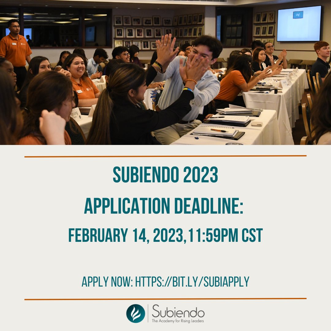 SubiendoAcademy's tweet photo. Current TX HS juniors, want to expand your leadership skills? Apply for Subiendo 2023! Subiendo takes place on UT campus, June 11-15, 2023. Start your application: https://t.co/otfLTNYkyX. The deadline is Feb. 14, 2023, 11:59 PM CST. Questions? Contact subiendo@austin.utexas.edu. https://t.co/XvuiNiLfqH