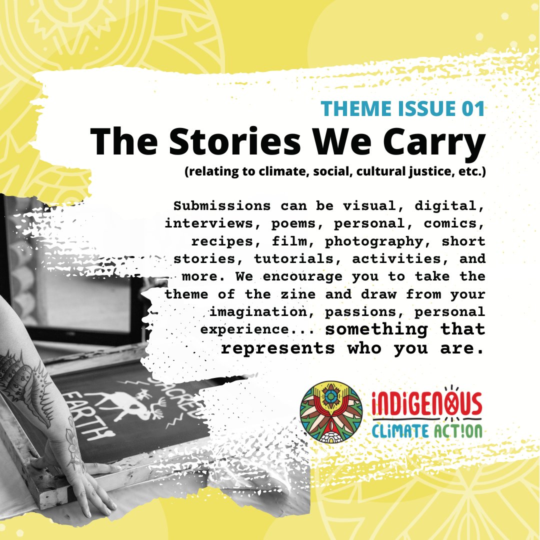 📣 Call for Submissions

ICA is launching a #Zine 🎉 and now accepting submissions for our pilot issue!

 🌱 Theme: The Stories We Carry
 🗓️ Deadline: Sunday, February 19, 2023 

Find out more by visiting form.jotform.com/230295025074248

#IndigenousYouth #IndigenousCanada