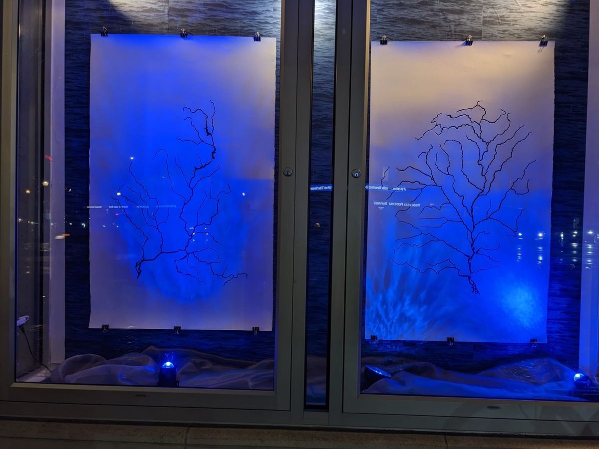 ashtuni's tweet image. The night view of #Waterlines, a #public #installation at the #somervilleartscouncil's  Inside-Out #gallery. @mindhuecreation renders the bodies of rivers vulnerable. #art #BostonArts