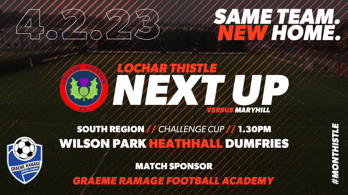 Big game on Saturday as we welcome <a href="/Maryhill_FC/">Maryhill FC</a> to Wilson Park in a <a href="/SouthChallenge/">FinestCarMats.co.uk South Challenge Cup</a> 4th Round tie.
The game has kindly been sponsored by <a href="/RamageGraeme/">GraemeRamageFootballAcademy</a> . 

Kick off is 1.30pm. 
Programmes will be available.

Mon Thistle 
🔴⚪️⚫️