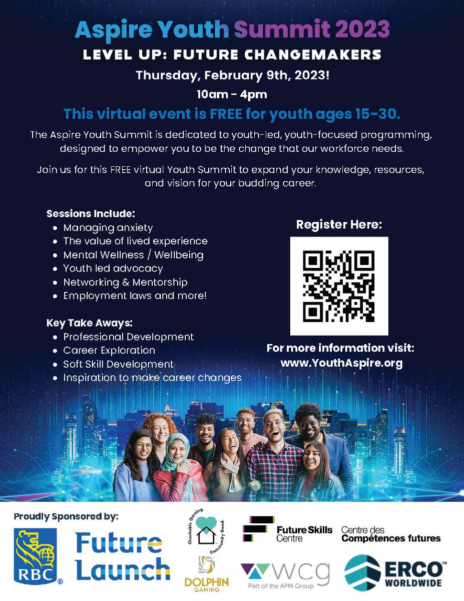 CareerCentreSC's tweet image. Happening on February 9th, 2023 from 10am-4pm &amp;amp; free to attend!

The Aspire Youth Summit is virtual conference geared to help youth across Ontario ages 15-30 level up in their careers. Register today @ eventbrite.ca/e/first-works-…

#Aspireyouthsummit #Firstwork #youthemployment