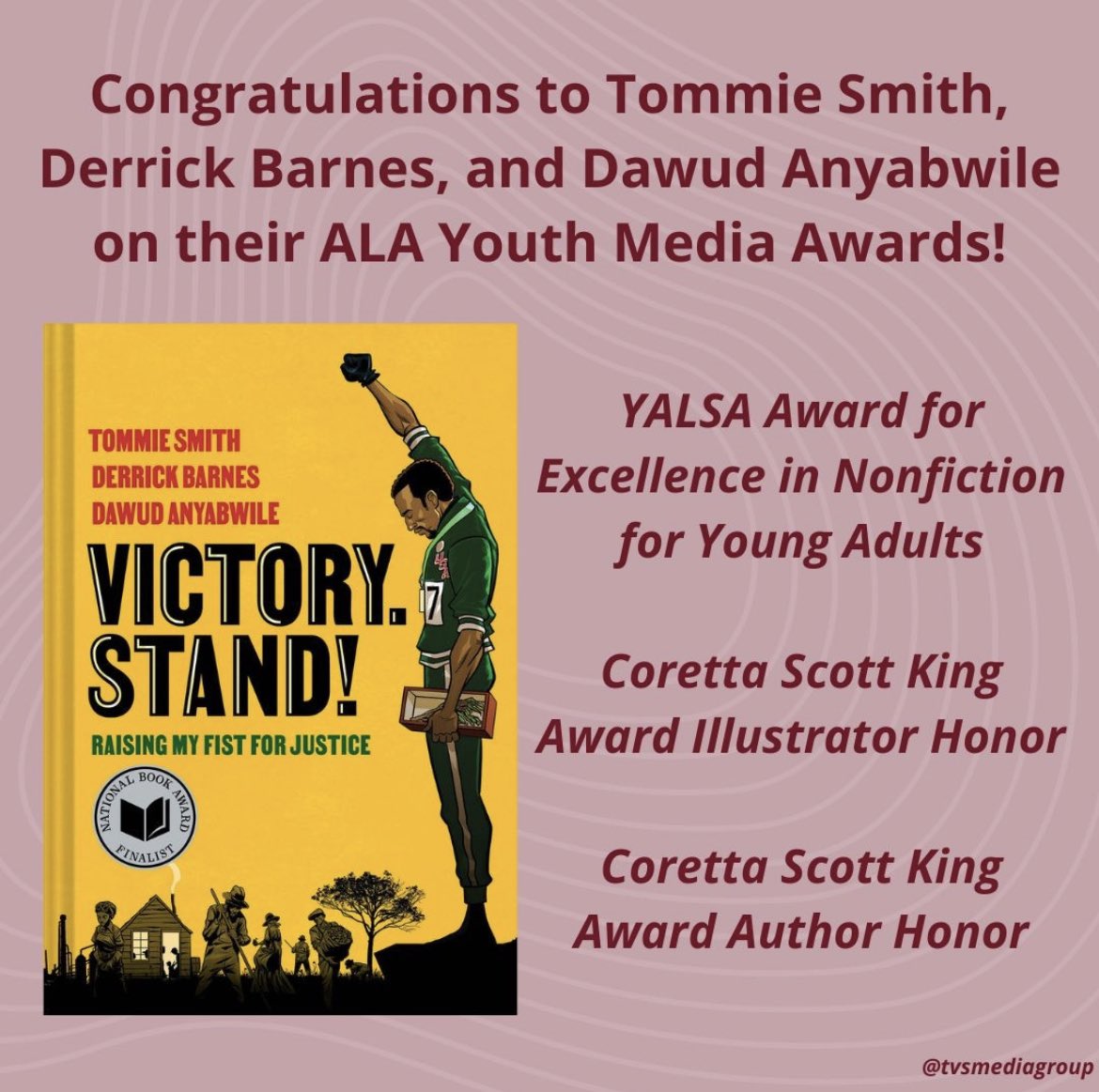 serendipitylit's tweet photo. So proud of our #SerendipityLit ALA Youth Media Award winners today!
• Victory, Stand - YALSA for
Excellence (Nonfiction YA)
• Dawud Anyabwile - Coretta Scott King Award Illustrator Honor
• Derrick Barnes & Tommie Smith - Coretta Scott King Award Author Honor
#VictoryStand https://t.co/A0DakeETd3