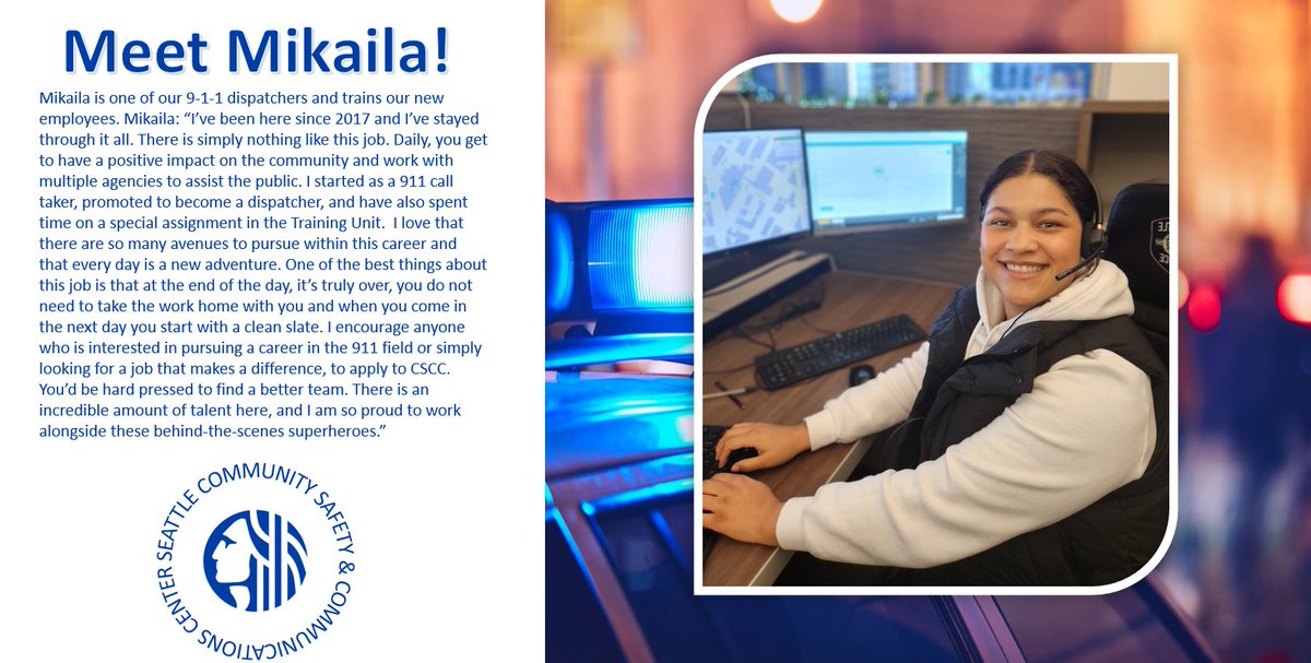 seattlecaredept's tweet photo. ⭐️ Meet Mikaila! ⭐️

Mikaila is one of our 9-1-1 dispatchers at the CSCC. She has worked at the CSCC for just over 5 years. 📞📱☎️ 

#IAM911 #employeespotlight #seattlecscc #seattlewashington #seattle911 #seattle https://t.co/rD2wItrnN6