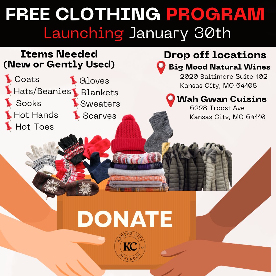 KCDefender's tweet photo. We are excited to announce the launch of our Free Clothing Program!  🧣🧤🧦👟🧥 https://t.co/UlPXUnCQwG