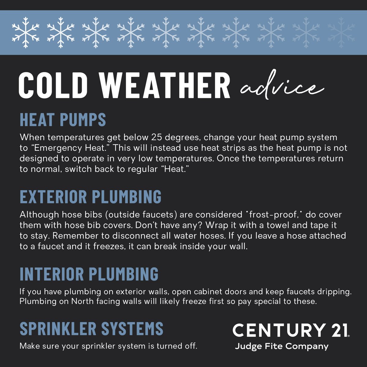Century21judge's tweet photo. As temperatures across #DFW begin to hover around freezing, make sure your #home is prepared for the #winter weather. Here are some valuable tips on protecting your #house over the next few days. โ๏ธ๐ฅถ๐ก๏ธ
#dfwrealestate #homeadvice #realestate #whereyoufeelathome #c21jfc #hometips https://t.co/cGpRKuNu9f