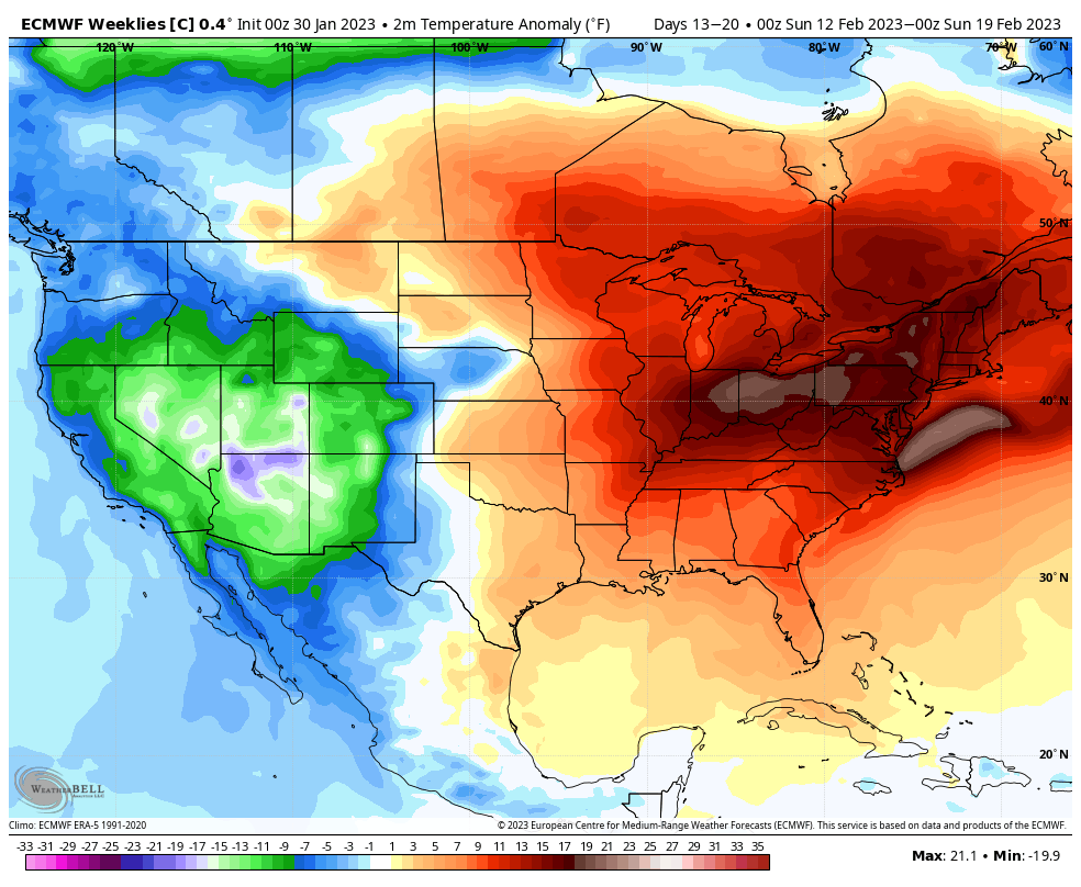 EricWFMJ's tweet photo. Control run of today's Euro weeklies is straight fire for mid February. https://t.co/XanWm1SqiK