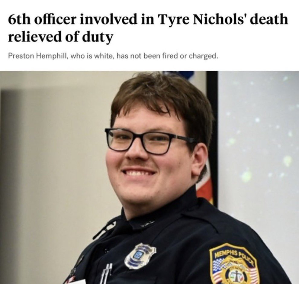 dijoni's tweet photo. Breaking news family, the six police officer that was involved with the torture and brutality of Tyree Nichols was fired. After we put pressure on the Memphis Police Department to expose the white cop. he must also be arrested too.#TyreeNichols .#BlackTwitter. https://t.co/ULHF7RsL5C