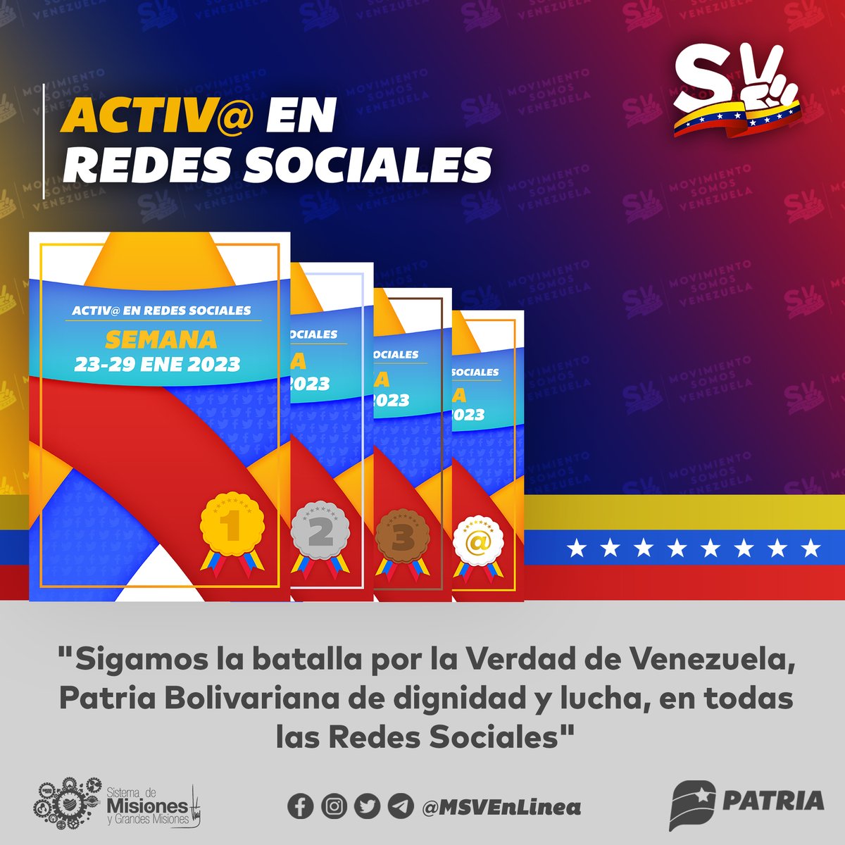 🚨 #ÚLTIMAHORA || Inicia la entrega de los logros, premios o mención a la personas que se destacaron en Redes sociales (Twitter) a través del Sistema <a href="/CarnetDLaPatria/">Carnet de la patria</a> durante la semana comprendida entre el #23Ene al #29Ene 2023.

#30Ene #LasSancionesCastiganLaSalud
