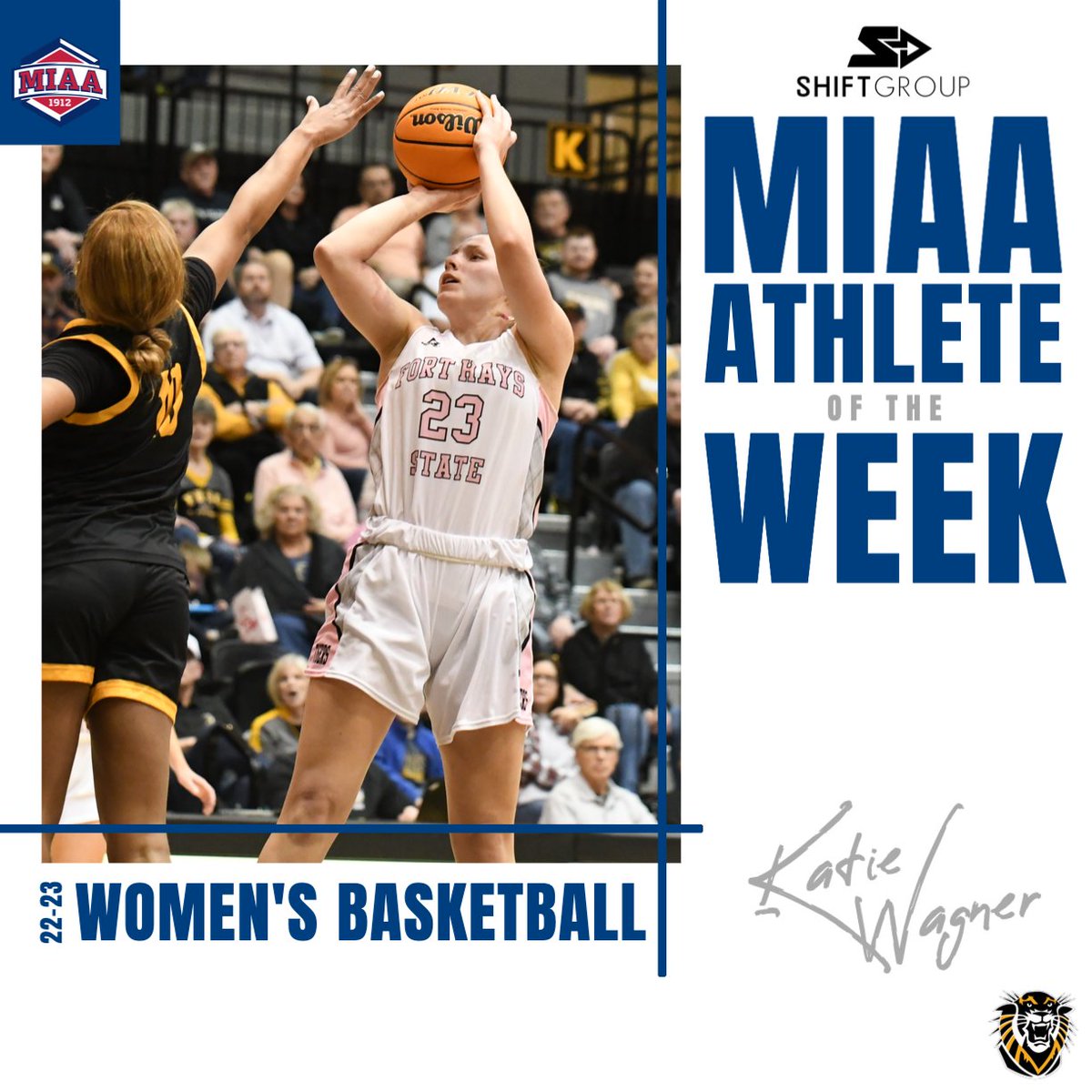 🆕 MIAA Women's Basketball Athlete of the Week, presented by <a href="/ShiftAthlete/">Ian Walker</a>🏀⬇️ 

With a double-double average last week (19.5 ppg and 11.0 rpg) <a href="/FHSUWBB/">FHSU WBB</a>'s Katie Wagner has been named week 11's MIAA Athlete of the Week👏

🔗| bit.ly/3wEFmLt
#BringYourAGame