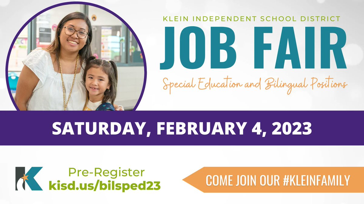 Come join our #KleinFamily! Klein ISD is looking for qualified Special Education and Bilingual professionals to join our teaching and support staff. Job Fair is on February 4, pre-register at kisd.us/bilsped23 See you there!
