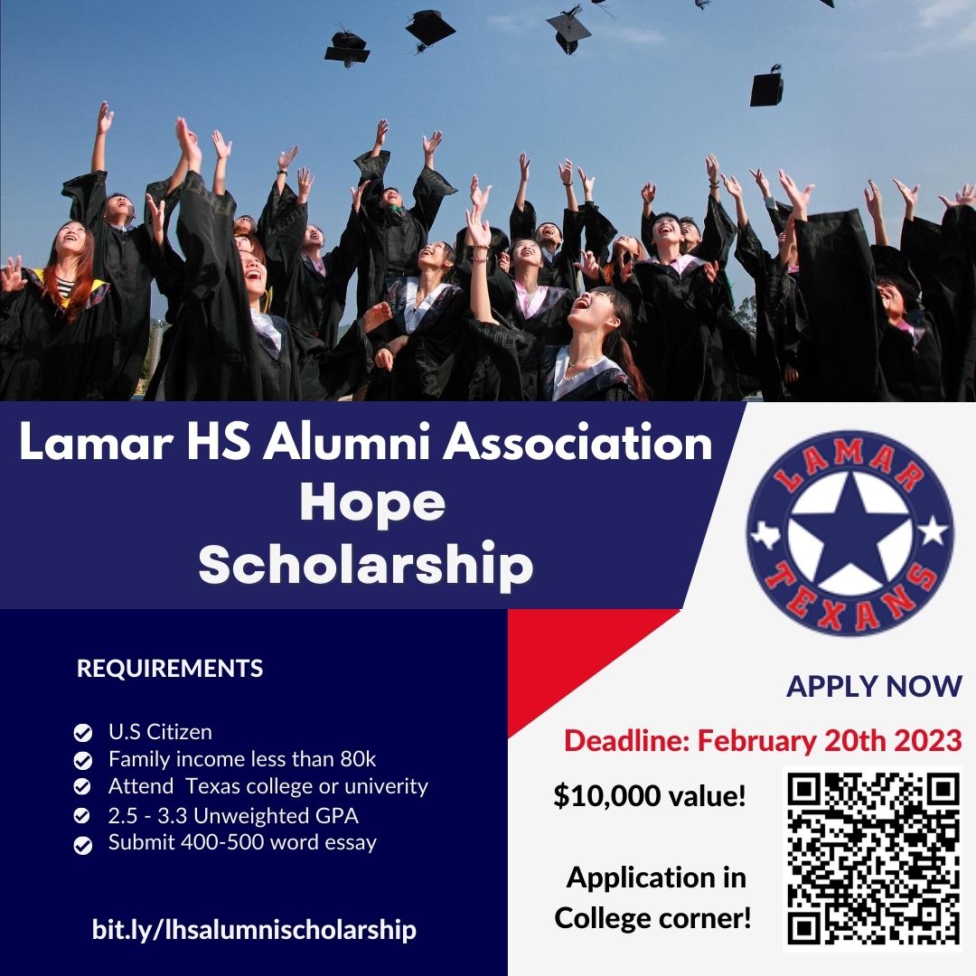 Lamar HS PTO (@lamarpto) on Twitter photo Seniors - a scholarship opportunity from our own Lamar Community! Deadline to submit is 2/20! <a href="/LamarHSAlumni/">Lamar HS Alumni</a> Seniors - a scholarship opportunity from our own Lamar Community! Deadline to submit is 2/20! <a href="/LamarHSAlumni/">Lamar HS Alumni</a>