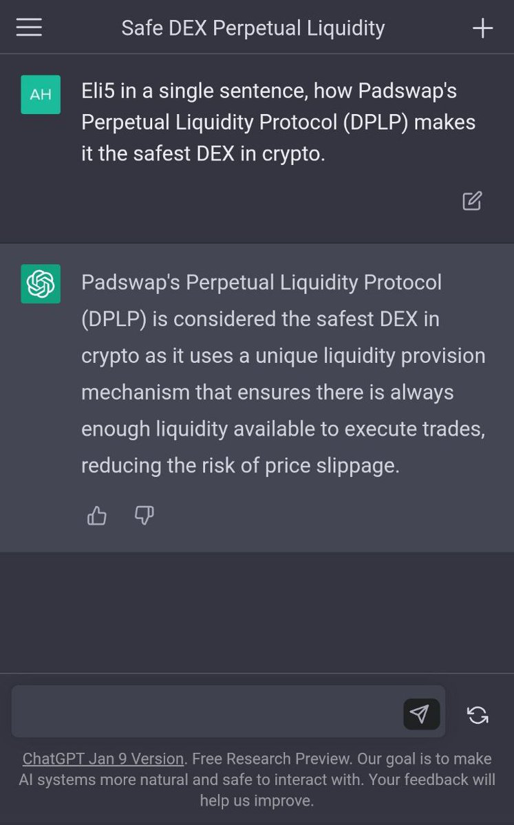 It looks like even #ChatGPT couldn't resist of being impressed with our #DPLP system!

Padswap is the only #DEX in the #crypto space that's using DPLP currently.

Safe #trading to all!

#Exchange #GLMR #DeFi #Trust