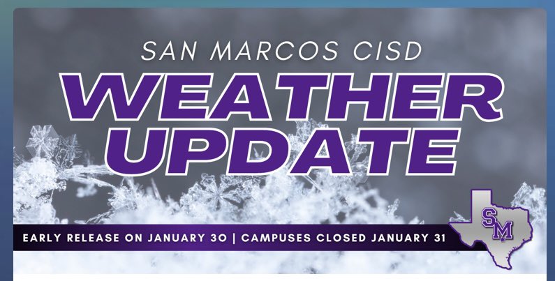 anne_halsey's tweet photo. SMCISD will early release TODAY, cancel TOMORROW, and continue to monitor the weather situation for Wednesday. Be safe, y’all. 💜 https://t.co/eFEKSjmSTu