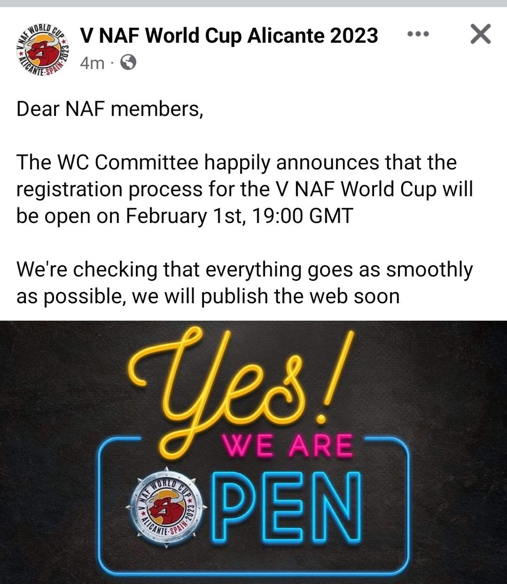 Registration for the V NAF World Cup will be opening on February 1! Stay tuned for more information from our hosts!