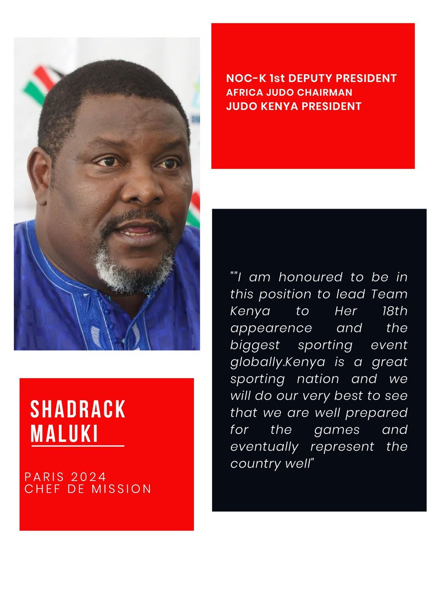 It’s OFFICIAL! 

Shadrack Maluki is the CDM to <a href="/Paris2024/">Paris 2024</a> Olympic Games.

Congratulations, 1st deputy Prezo! 👏🏻
