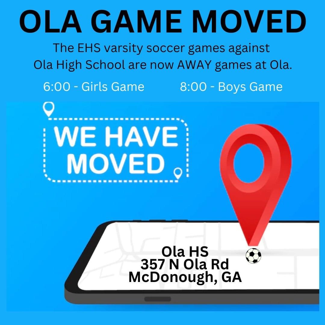 <a href="/SoccerEastside/">Eastside Eagles Soccer</a> games against Ola are now AWAY games and will be at Ola.