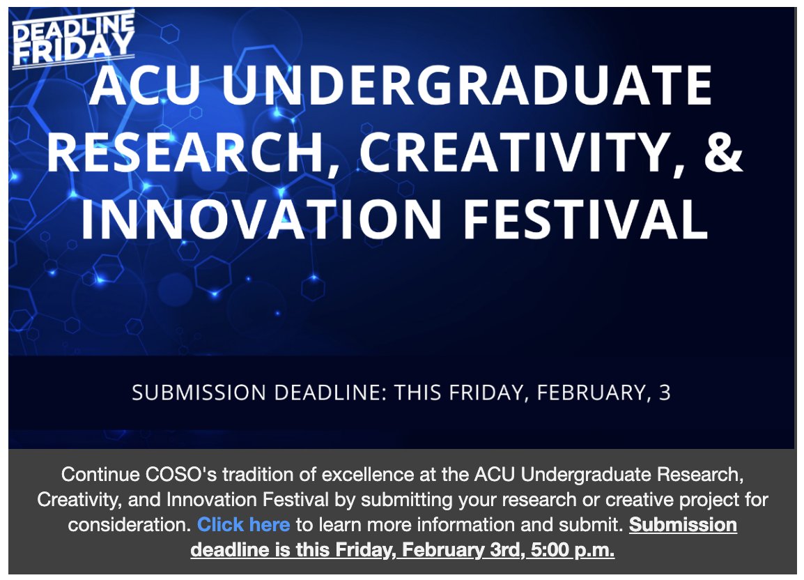 Attention <a href="/ACUedu/">Abilene Christian University</a> <a href="/acuoptimist/">The Optimist</a>! #COSOThisWeek is out!

RSVP for lunch at COSO Chapel Feb. 7!

Undergraduate Research Festival Abstract Deadline this Friday!

Study Abroad Oxford this Summer, more:
mailchi.mp/a132f5143ffd/c…